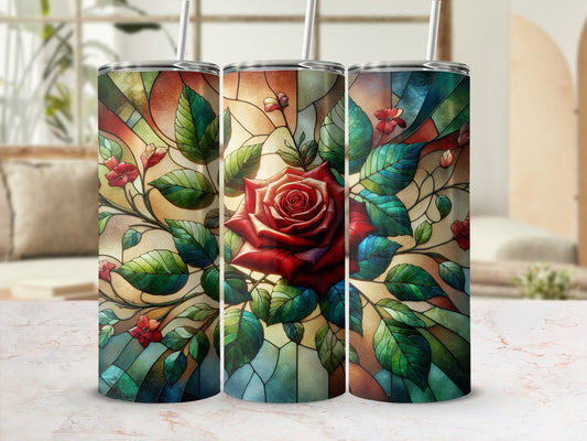 Three tumblers featuring a stained-glass rose and floral design.