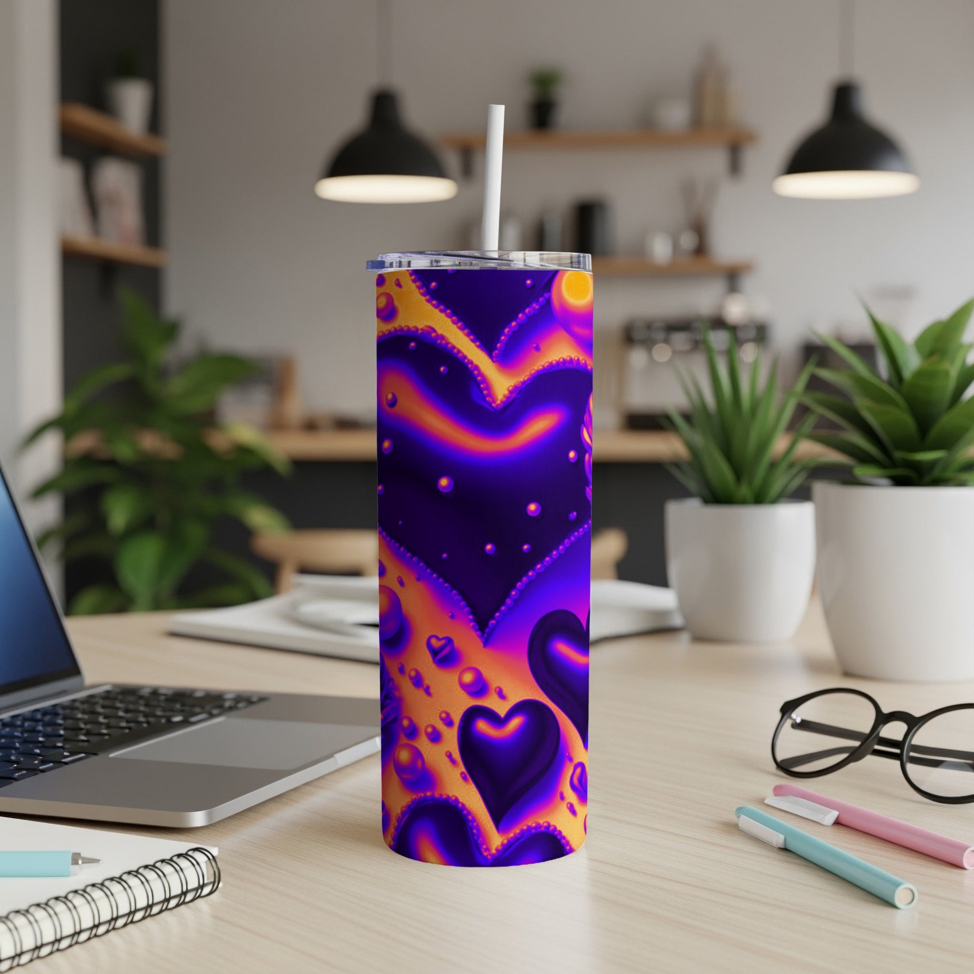 Purple tumbler with iridescent hearts and dots design.