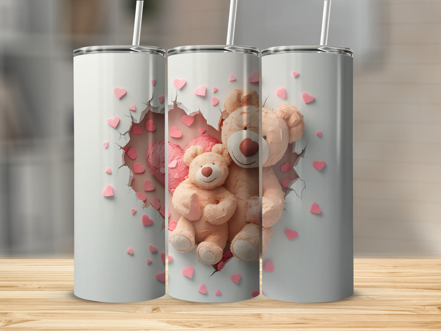 Three tumblers featuring a teddy bear with a heart-shaped opening.