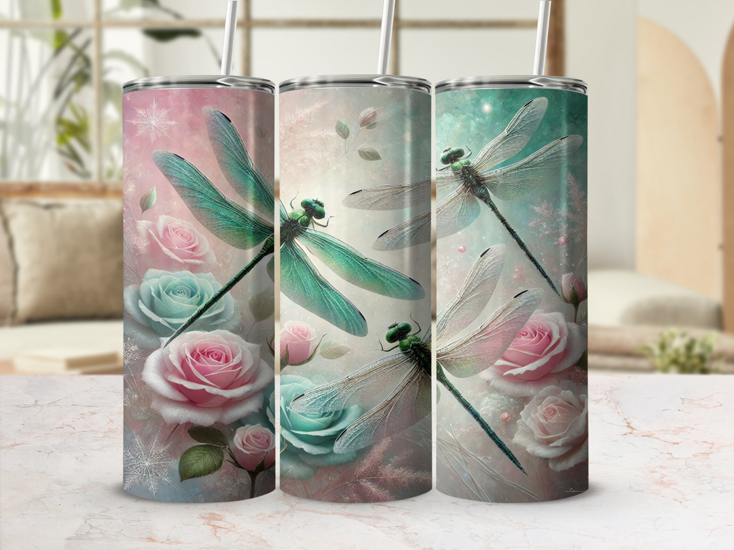 Beautiful Dragonfly and Roses Design Tumbler Product