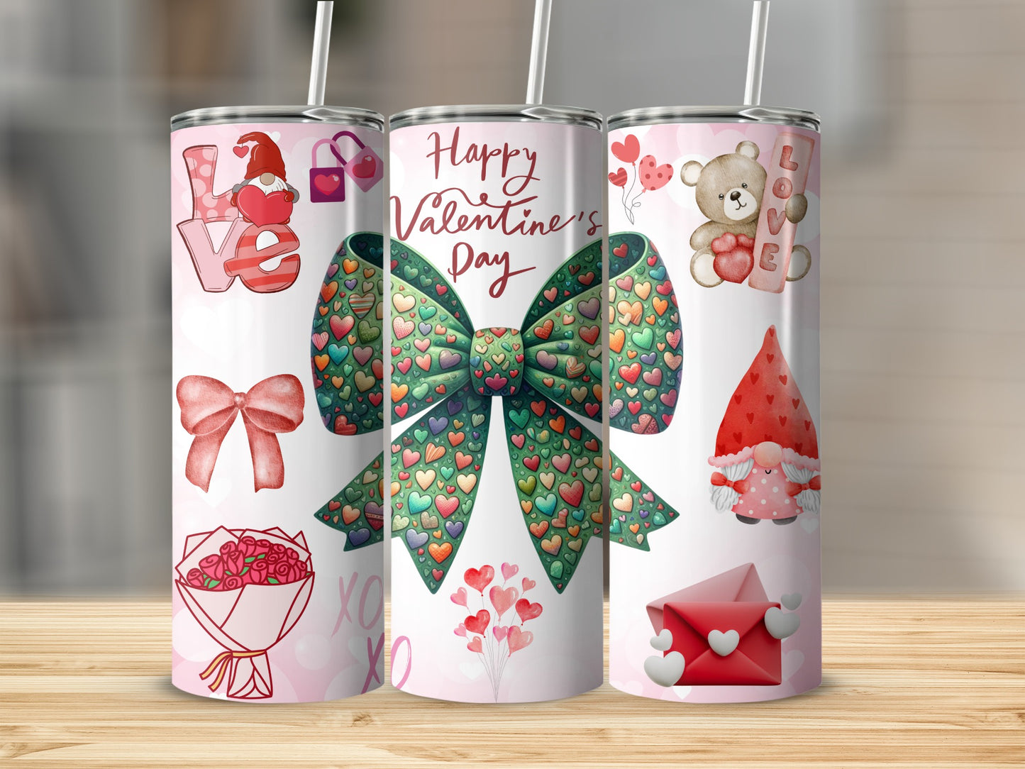 Valentine's Day Themed Tumbler with Hearts and Bows