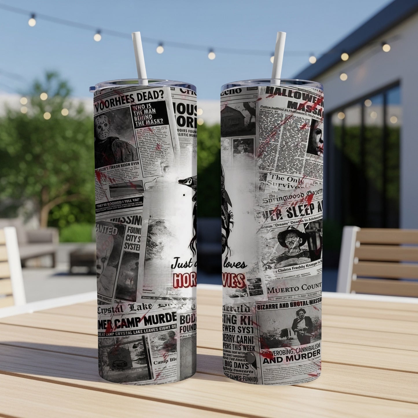 Tumbler with horror movie collage, headlines, and graphic of a woman.