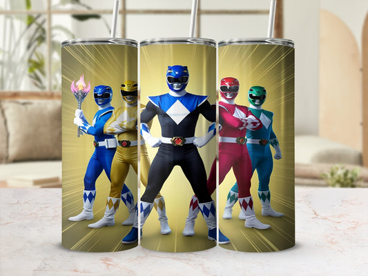 Five Power Rangers in full costume, standing in a line.