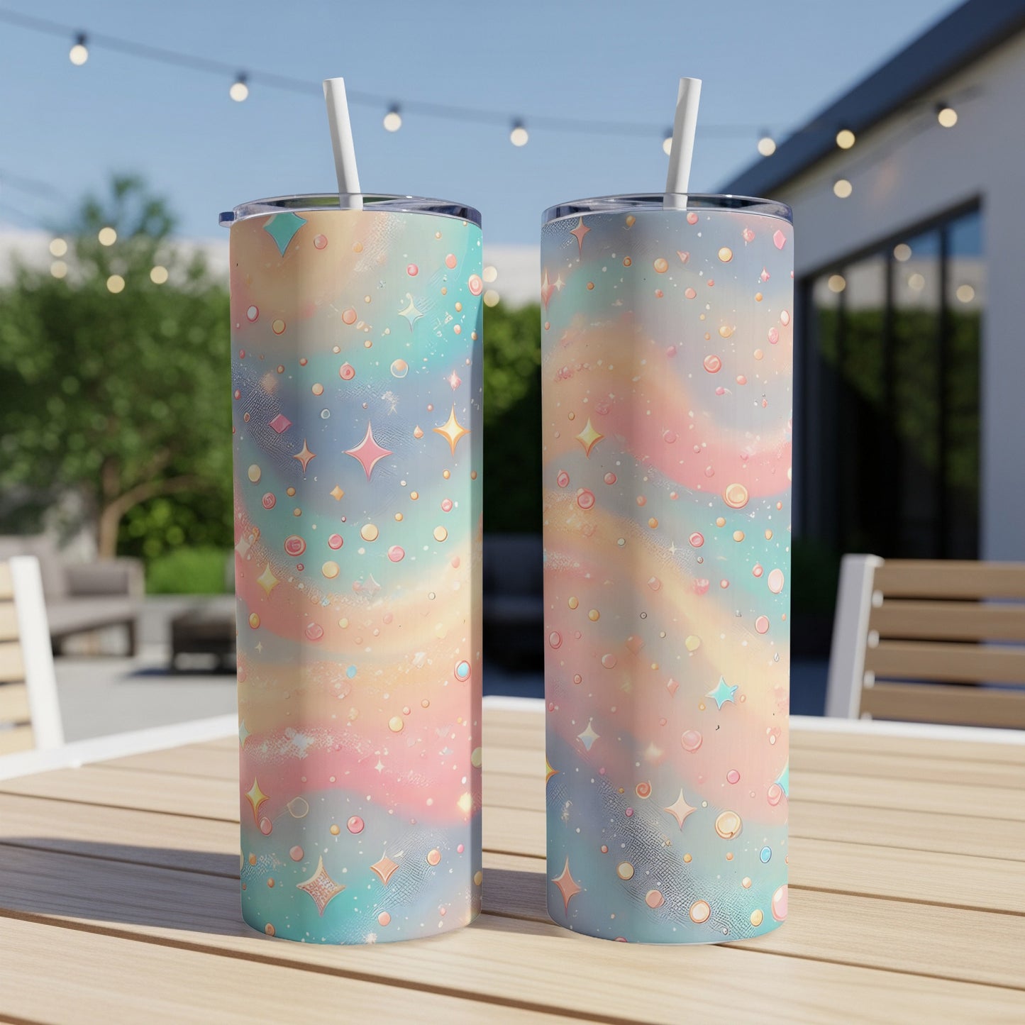 Two tall tumblers with pastel galaxy and star patterns.
