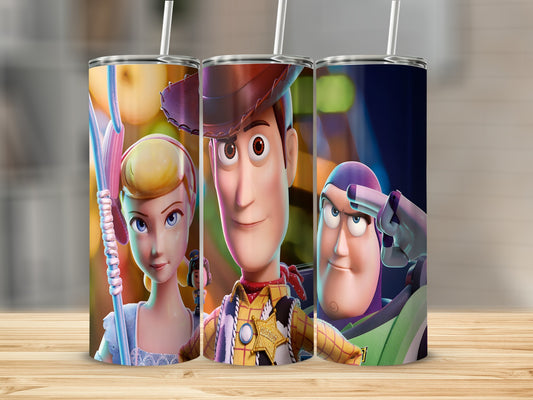 Bo Peep, Woody, and Buzz Lightyear characters on a tumbler with straws.