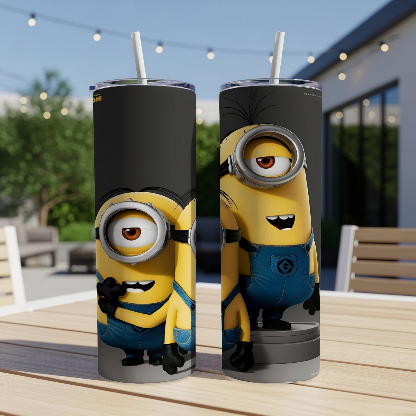 Two Minions characters from Despicable Me on tall tumblers.