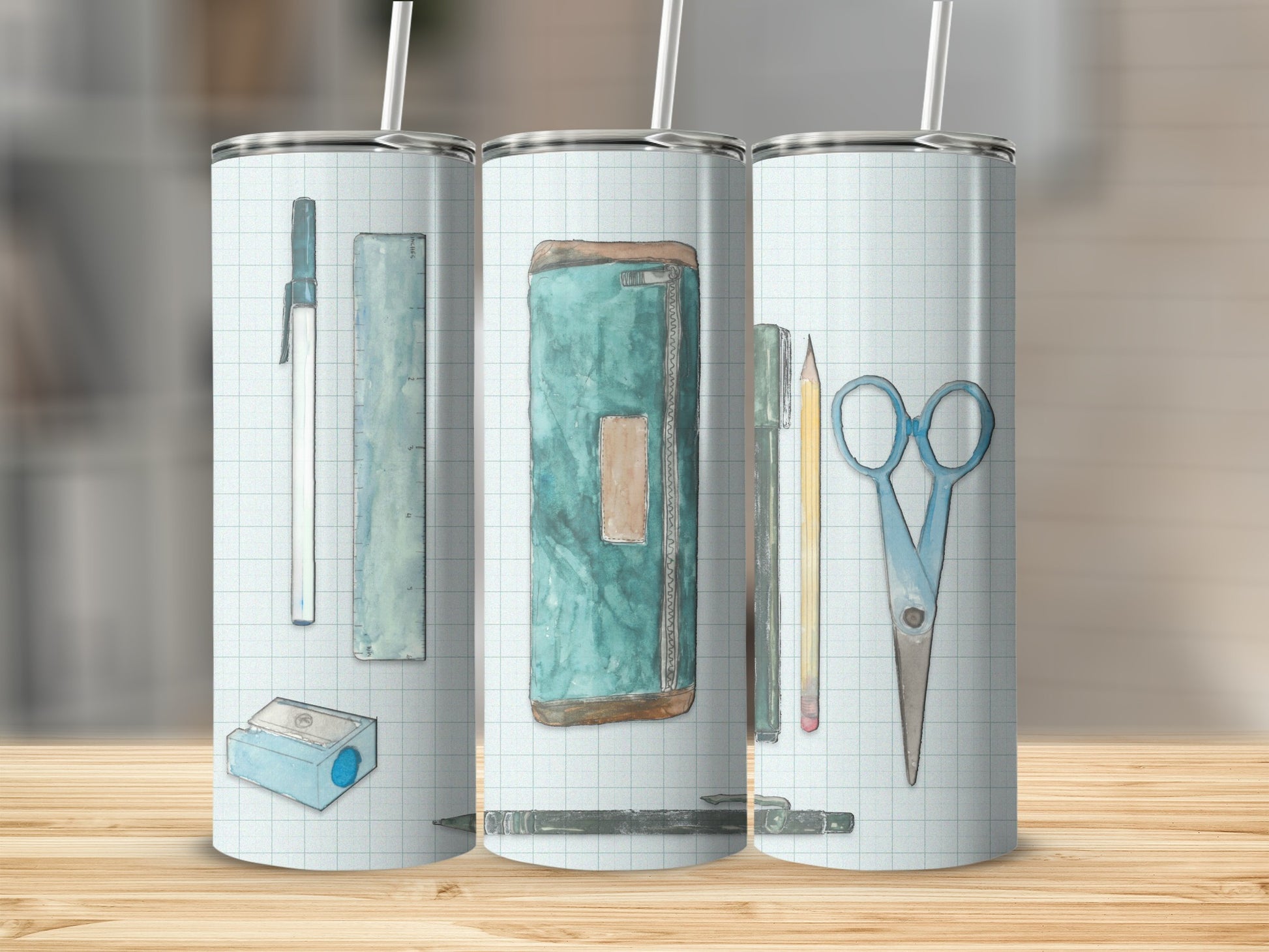 Watercolor illustration of school supplies on a grid background.