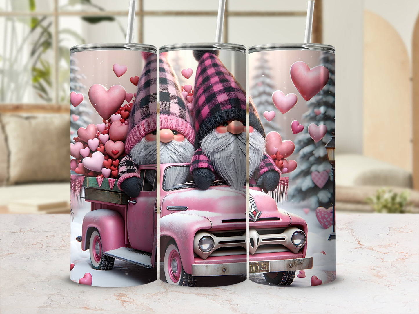 Pink truck filled with gnomes and hearts, winter scene.