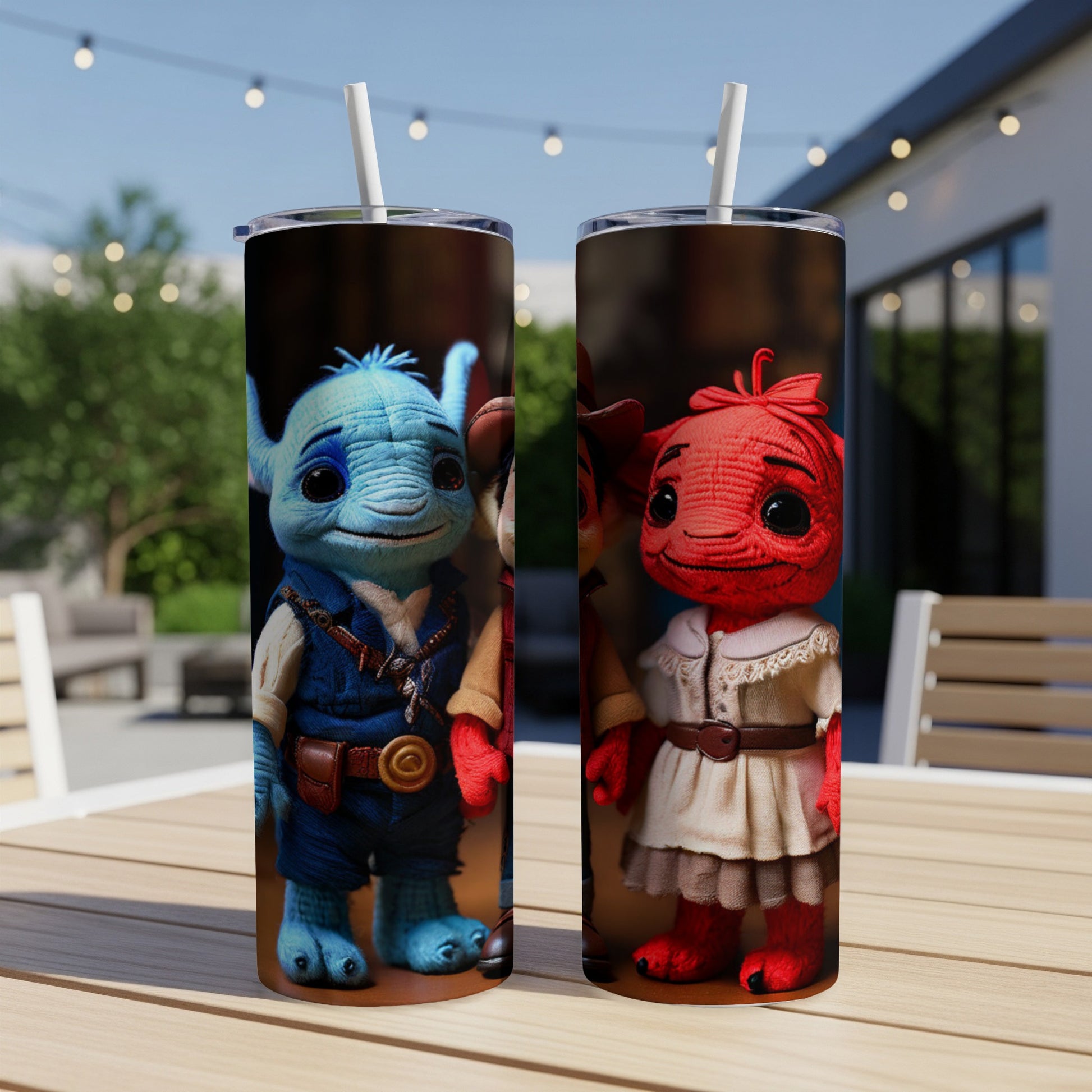 Two stylized alien characters, one blue, one red, on colorful tumblers.