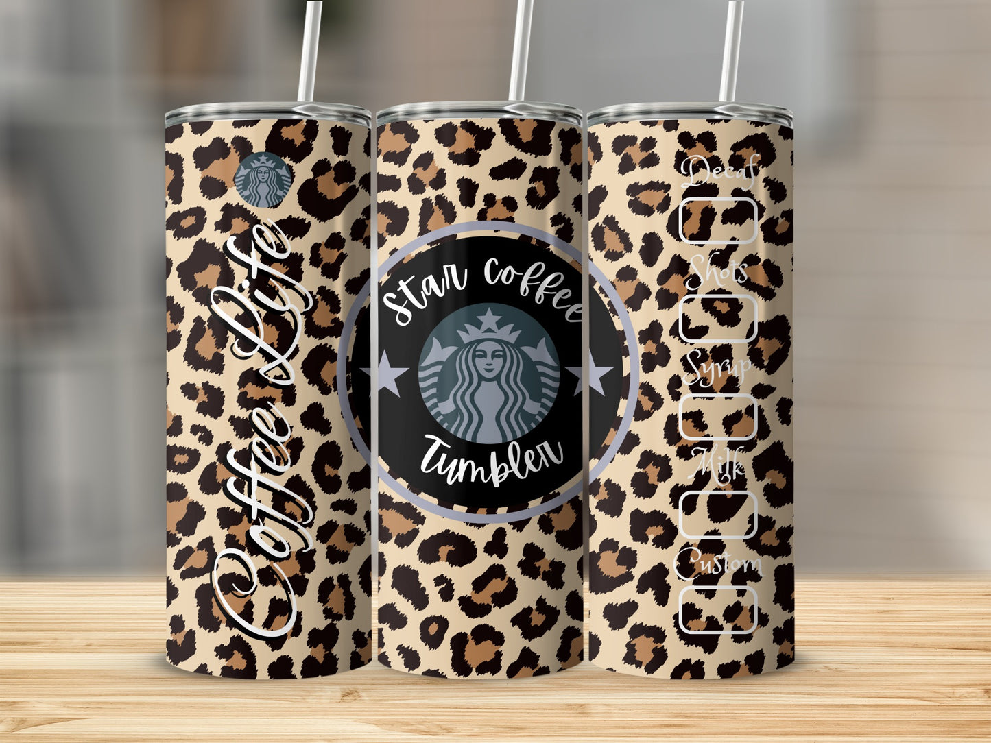 Leopard Print Coffee Life Tumbler with Star Coffee Design