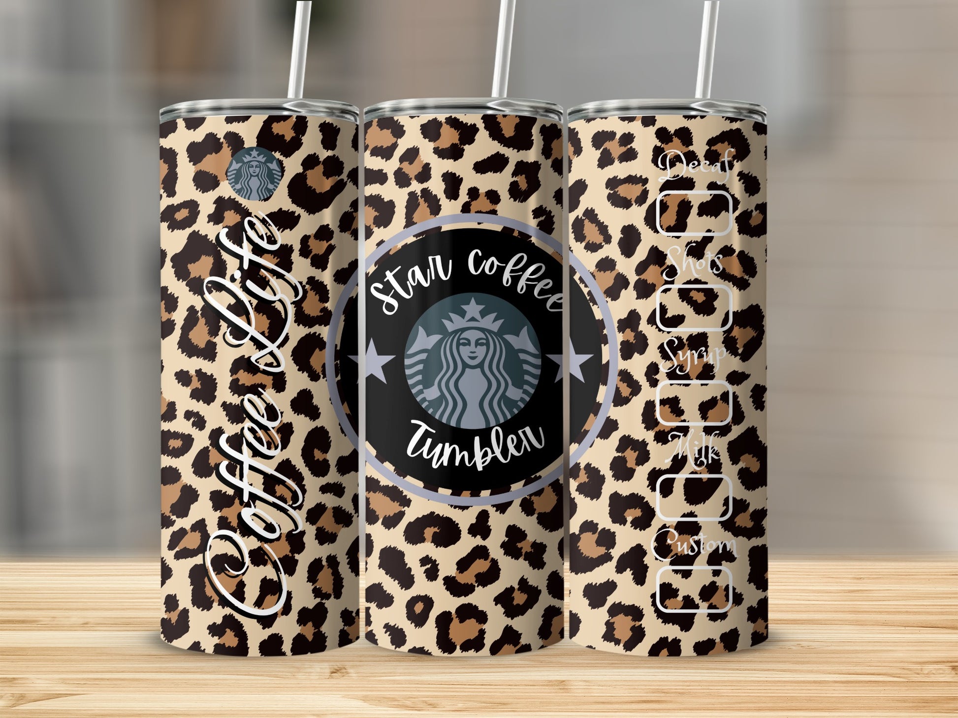 Leopard Print Coffee Life Tumbler with Star Coffee Design