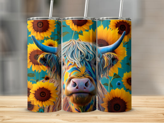 Highland cow with colorful mane surrounded by sunflowers on a teal background.