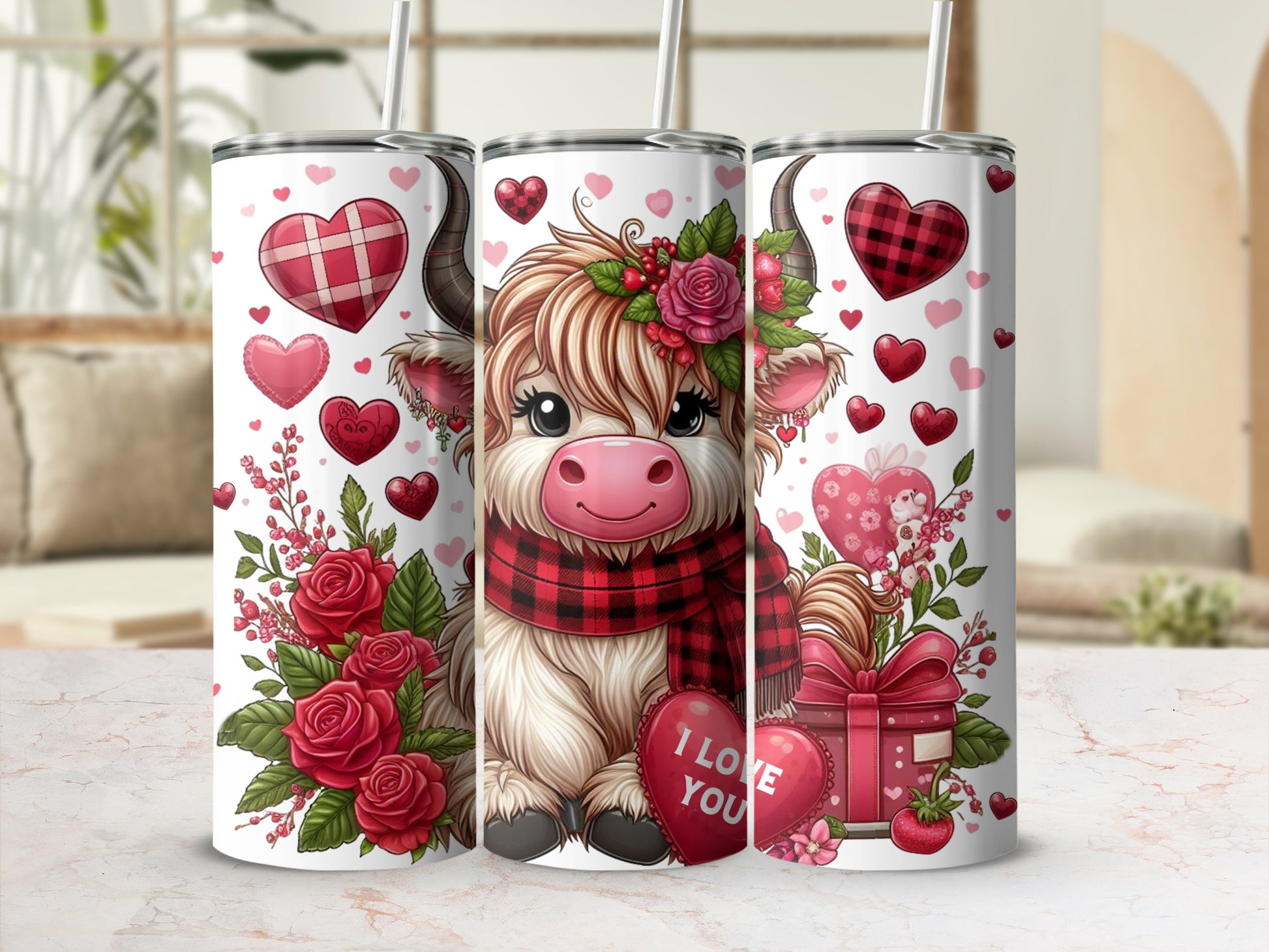 Cute cartoon cow with hearts and roses, wearing a scarf and holding a "I LOVE YOU" heart.
