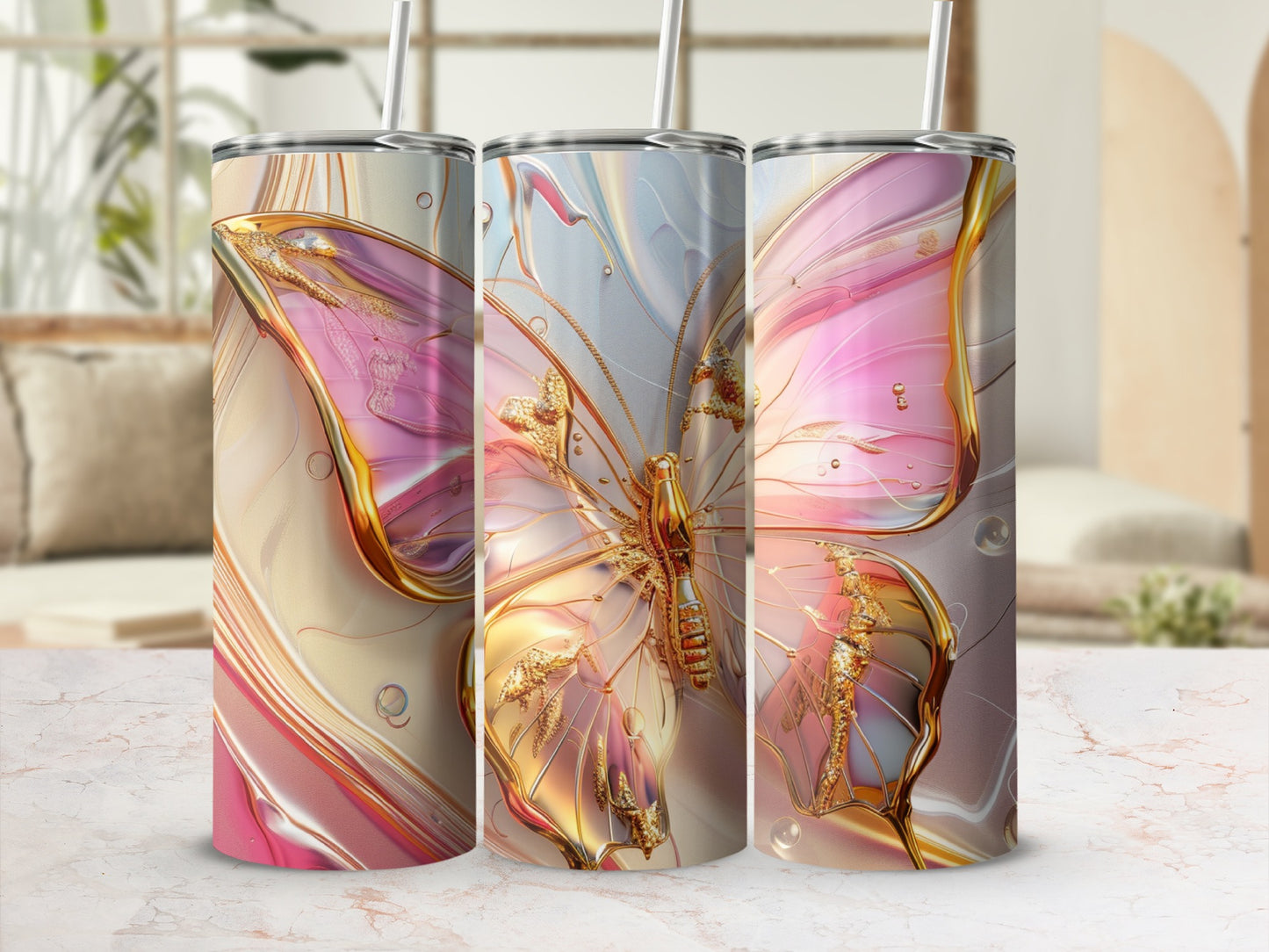 Three tumblers with butterfly and floral designs.