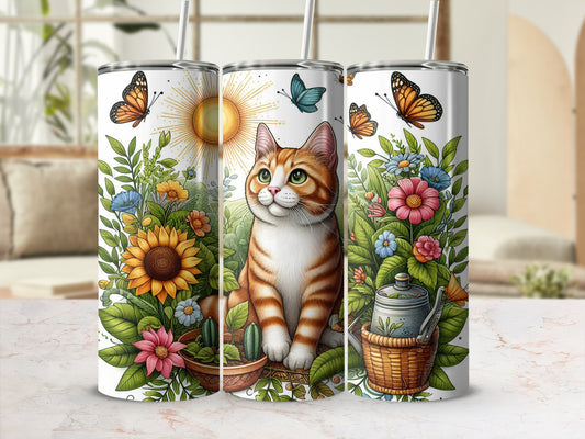 Orange tabby cat sits in a garden with sunflowers and butterflies.
