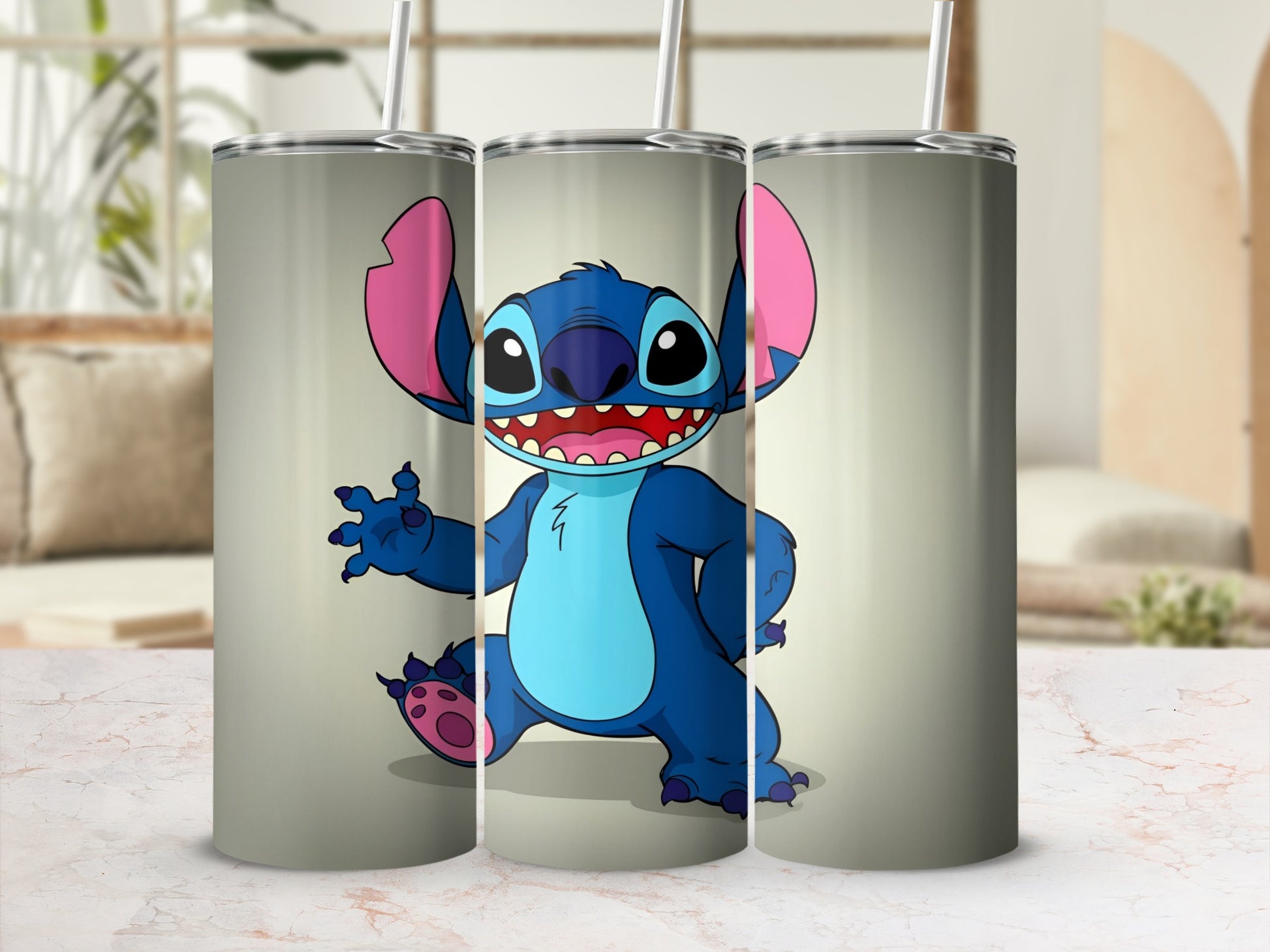 Blue Stitch character with big ears and wide smile on a tumbler.