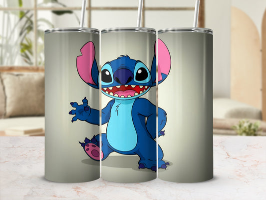 Blue Stitch character with big ears and wide smile on a tumbler.