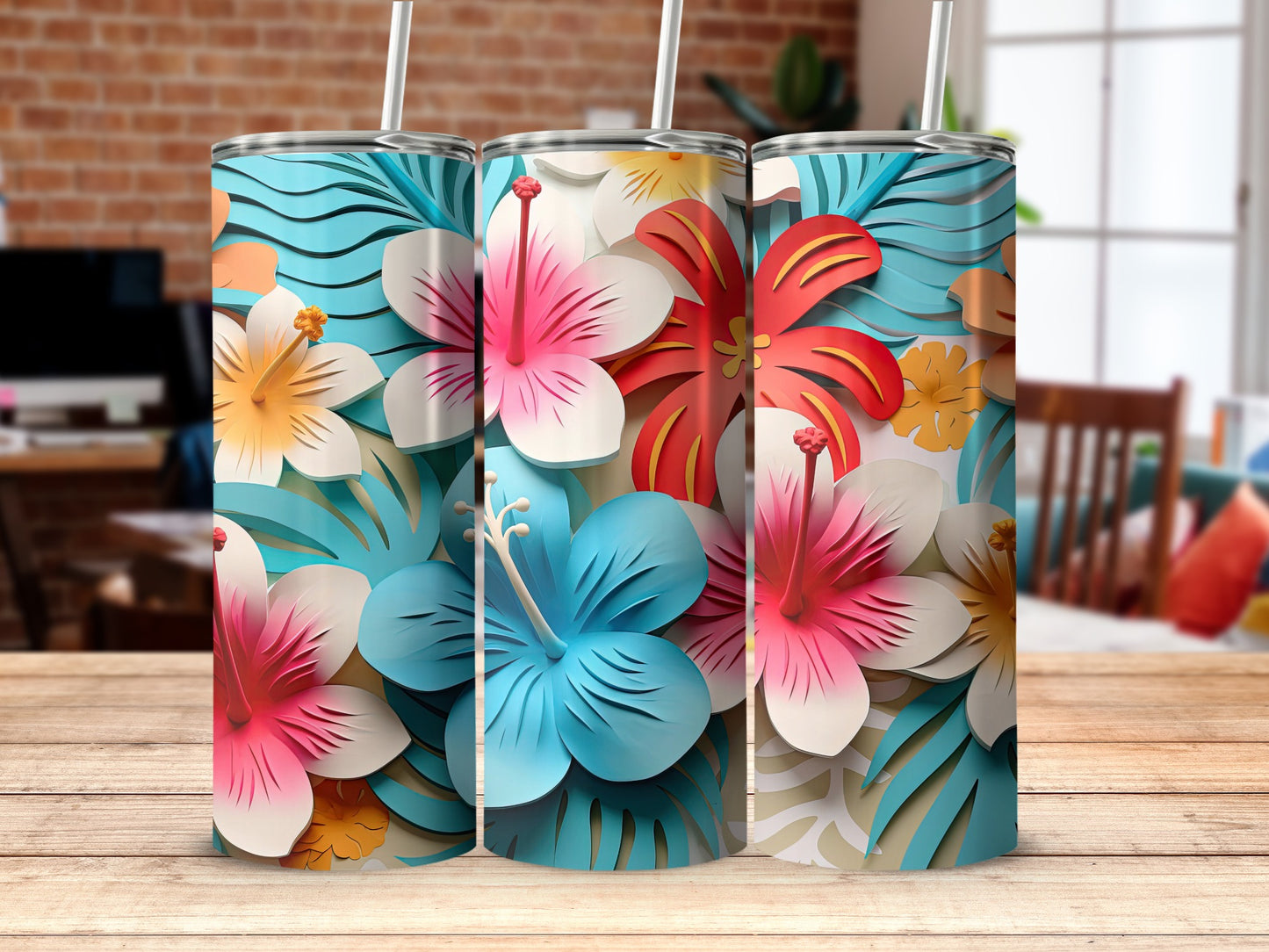 Tropical Floral Pattern Vibrant Print Tumbler Product