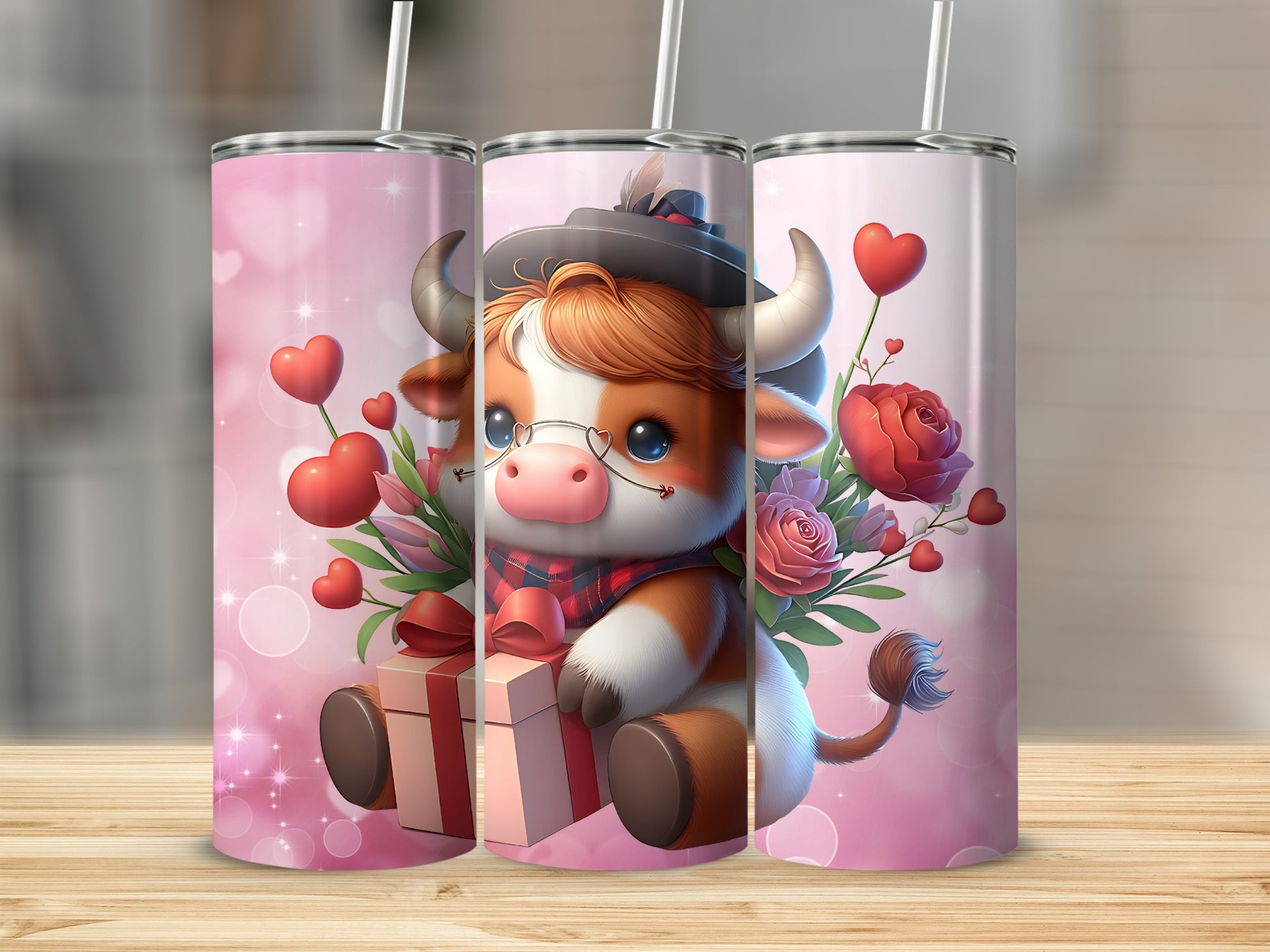 Adorable Cow with Hearts and Flowers Tumbler