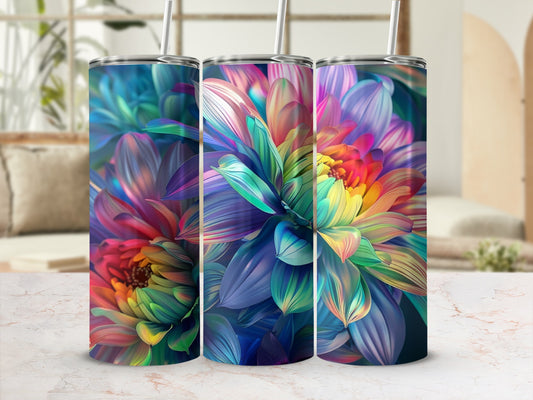 Three tumblers with vibrant, colorful floral patterns.