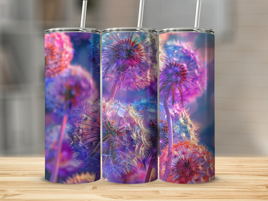 Three tumblers featuring a close-up of dandelions with purple and blue hues.
