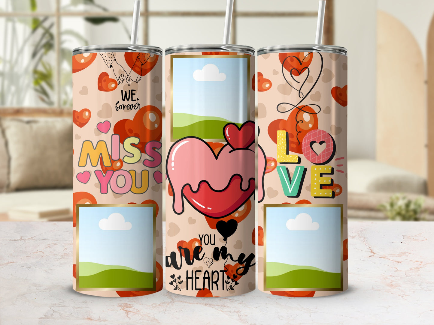 Three tumblers with romantic designs, featuring hearts and text.