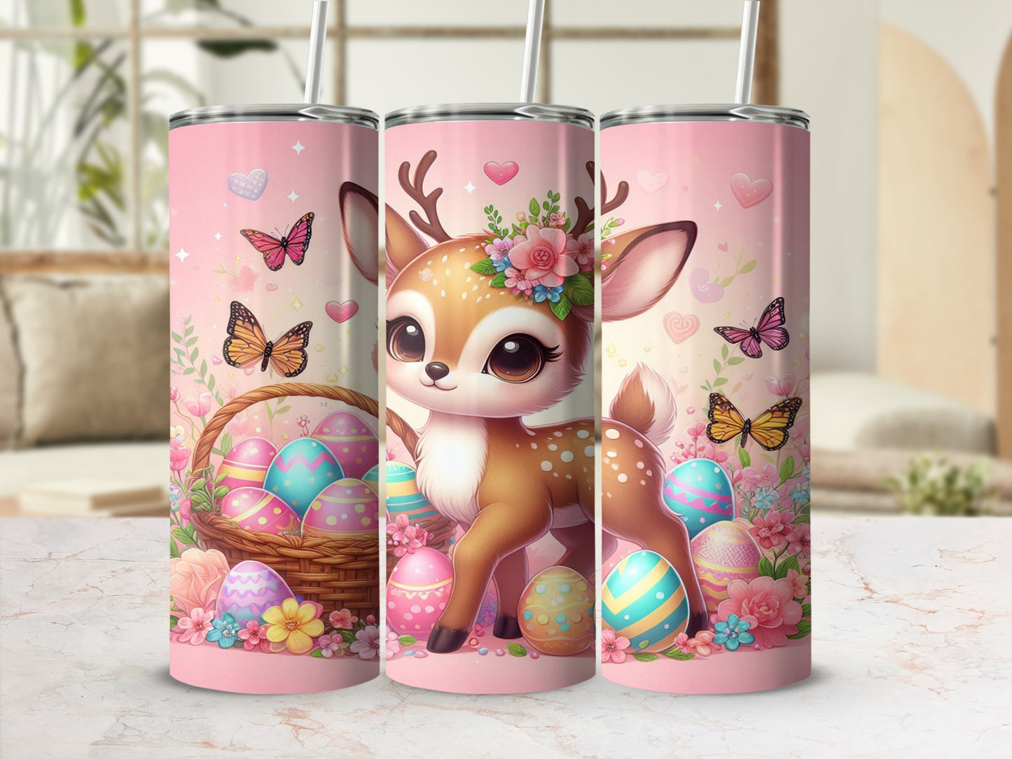 Cute deer with Easter eggs and butterflies on pink background.