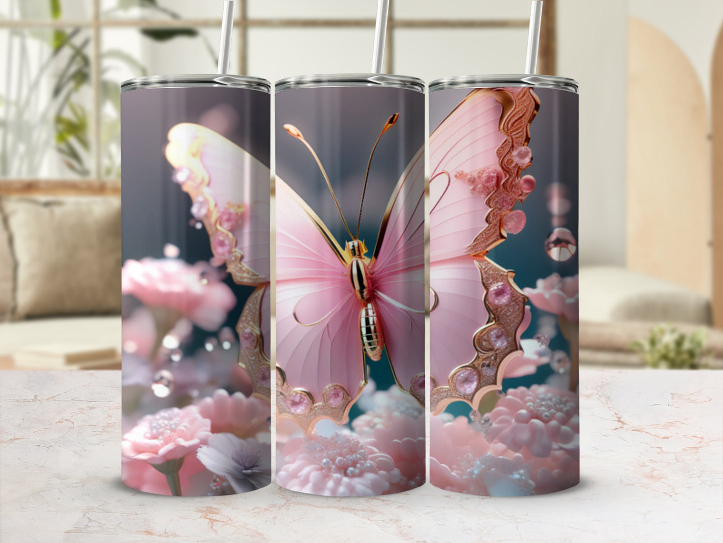 Pink butterfly with floral accents on a tumbler.