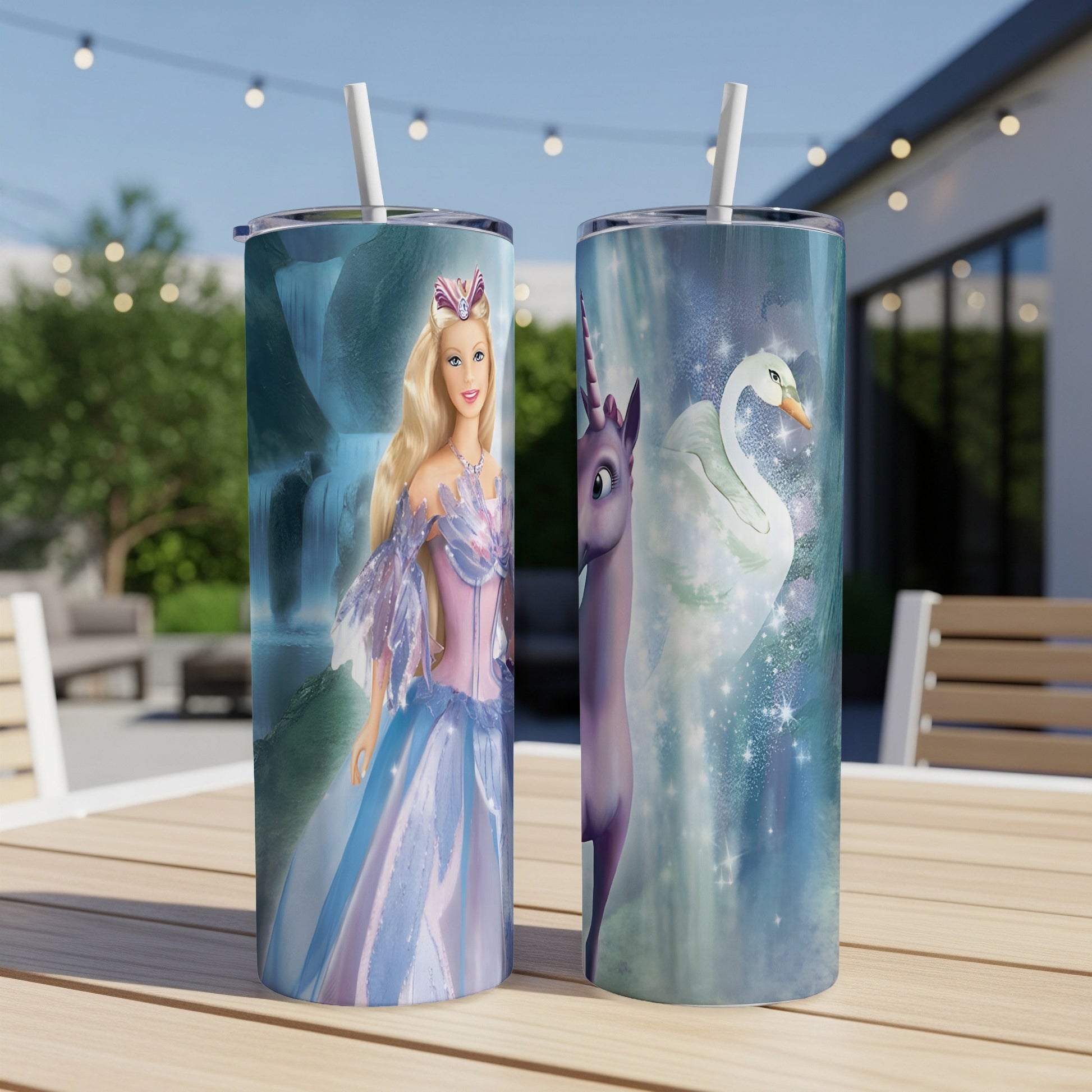 Barbie and a swan on two colorful tumblers.