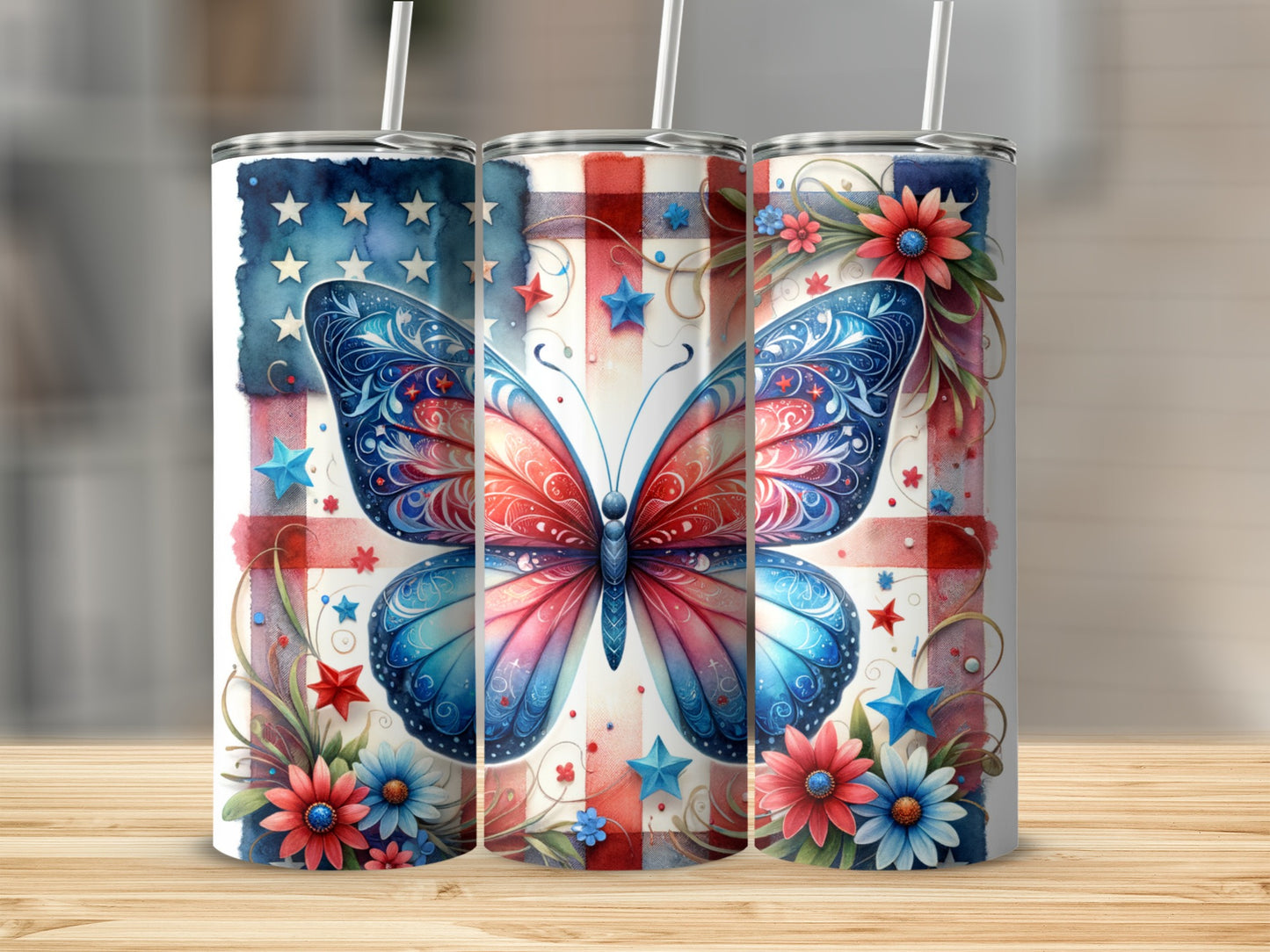 Patriotic butterfly design on a tumbler with floral accents and stars.