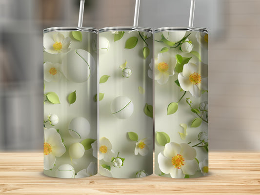 Three tumblers with a delicate floral and green leaf pattern.