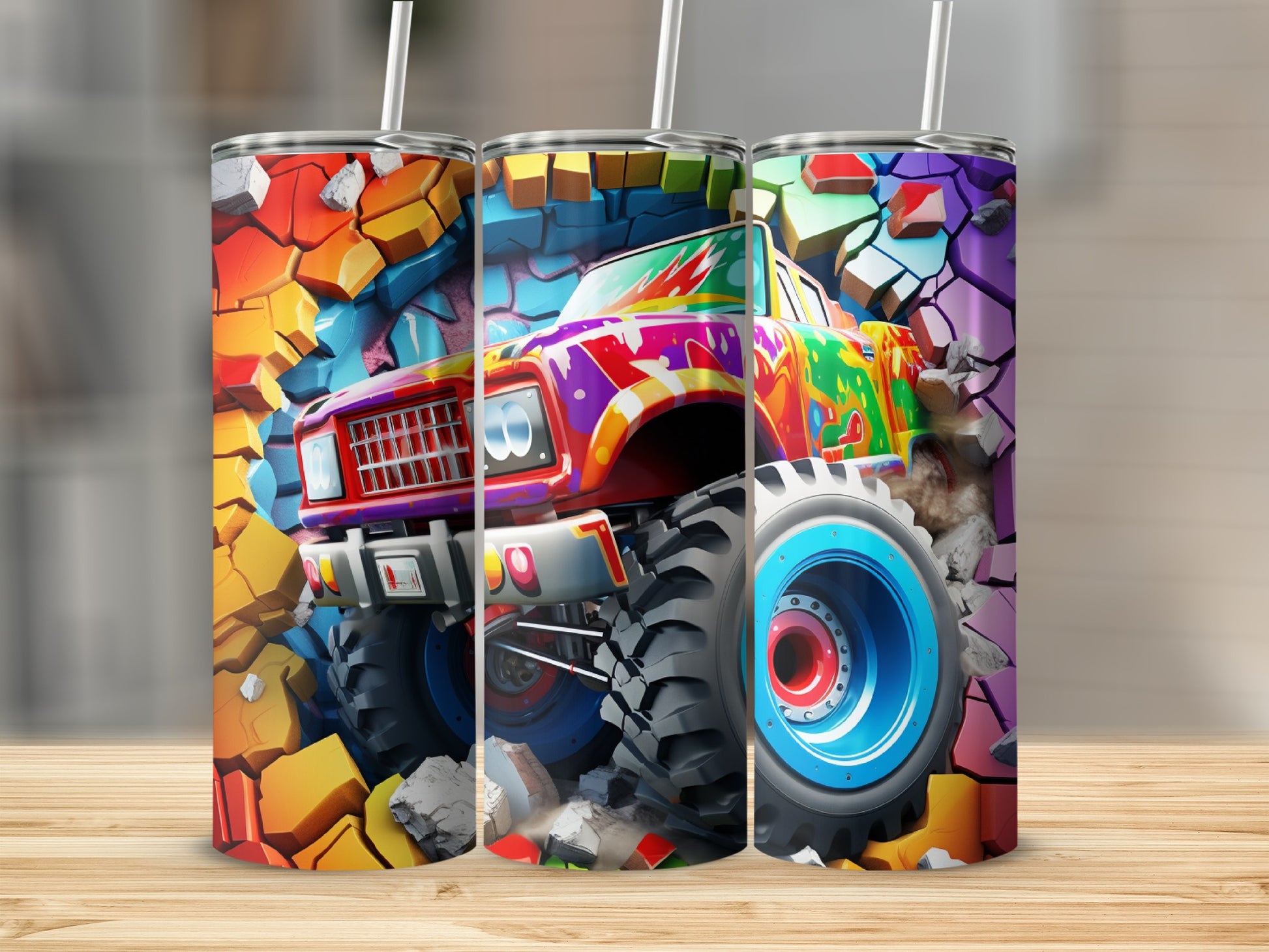 Colorful Monster Truck Breaking Wall Design Tumbler