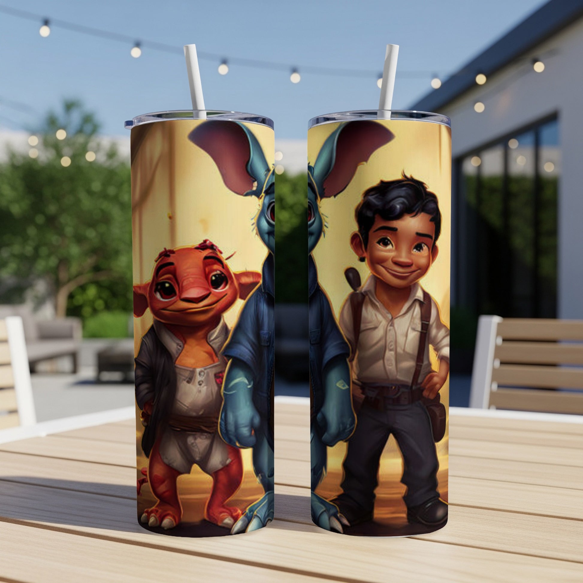 Two cartoon characters, a red creature and a boy, on a patterned tumbler.