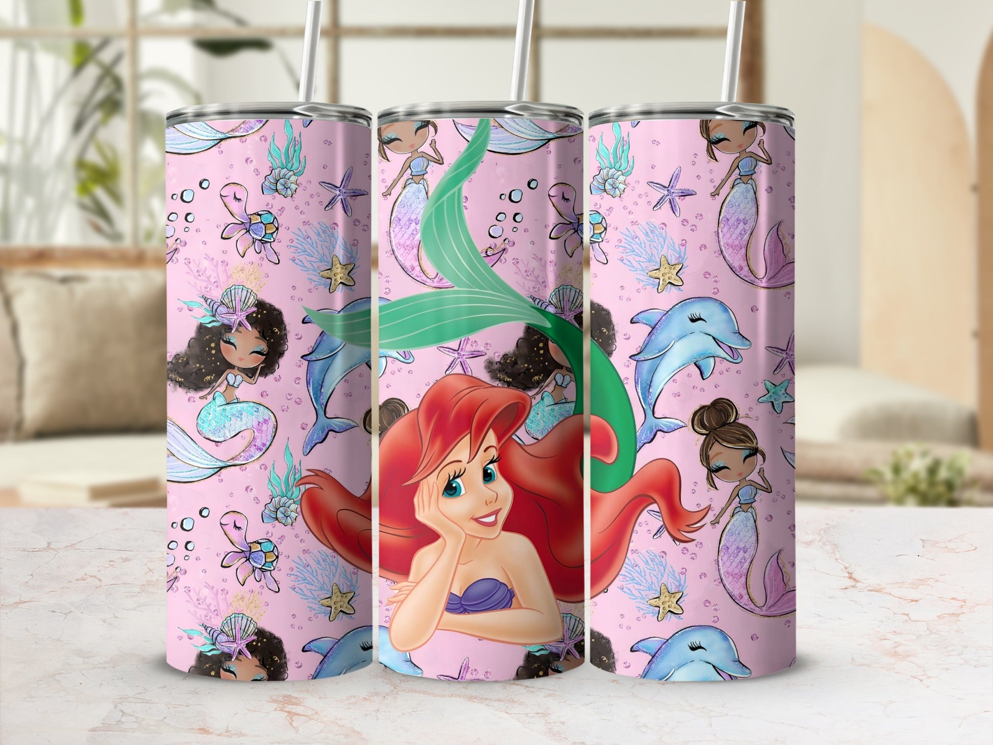 Cute Mermaid and Dolphin Pattern Travel Cup
