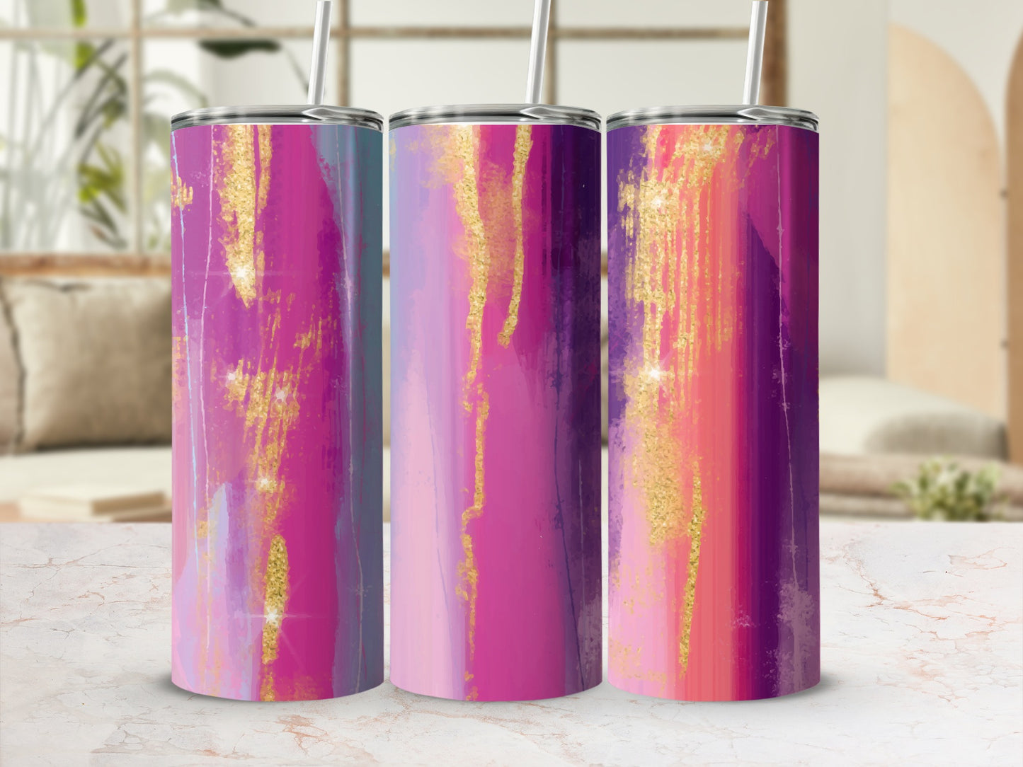 Three tumblers with abstract pink, purple, and gold brushstroke designs.