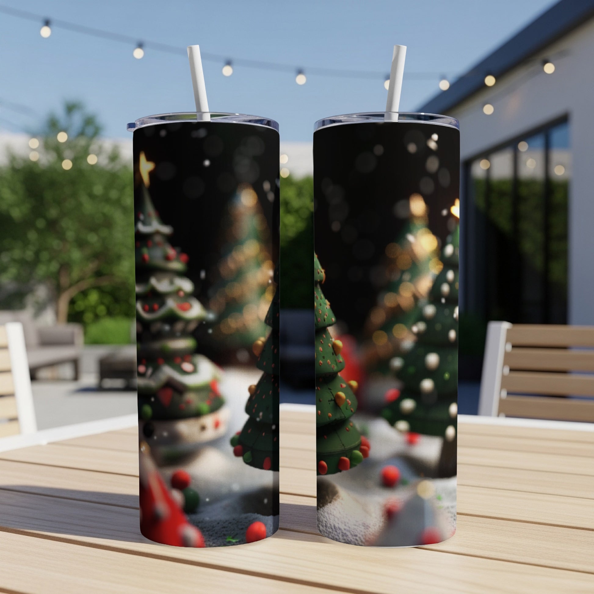 Two tumblers with Christmas trees and snow, outdoors.
