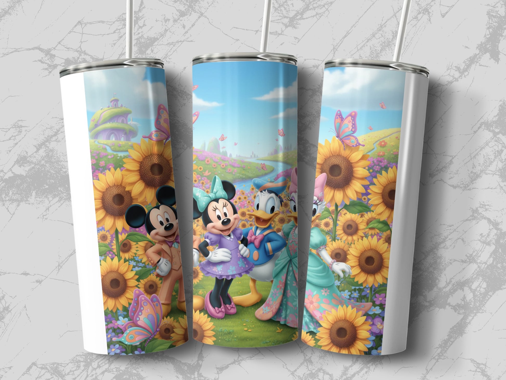 Colorful Cartoon Characters in Sunflower Field Tumbler