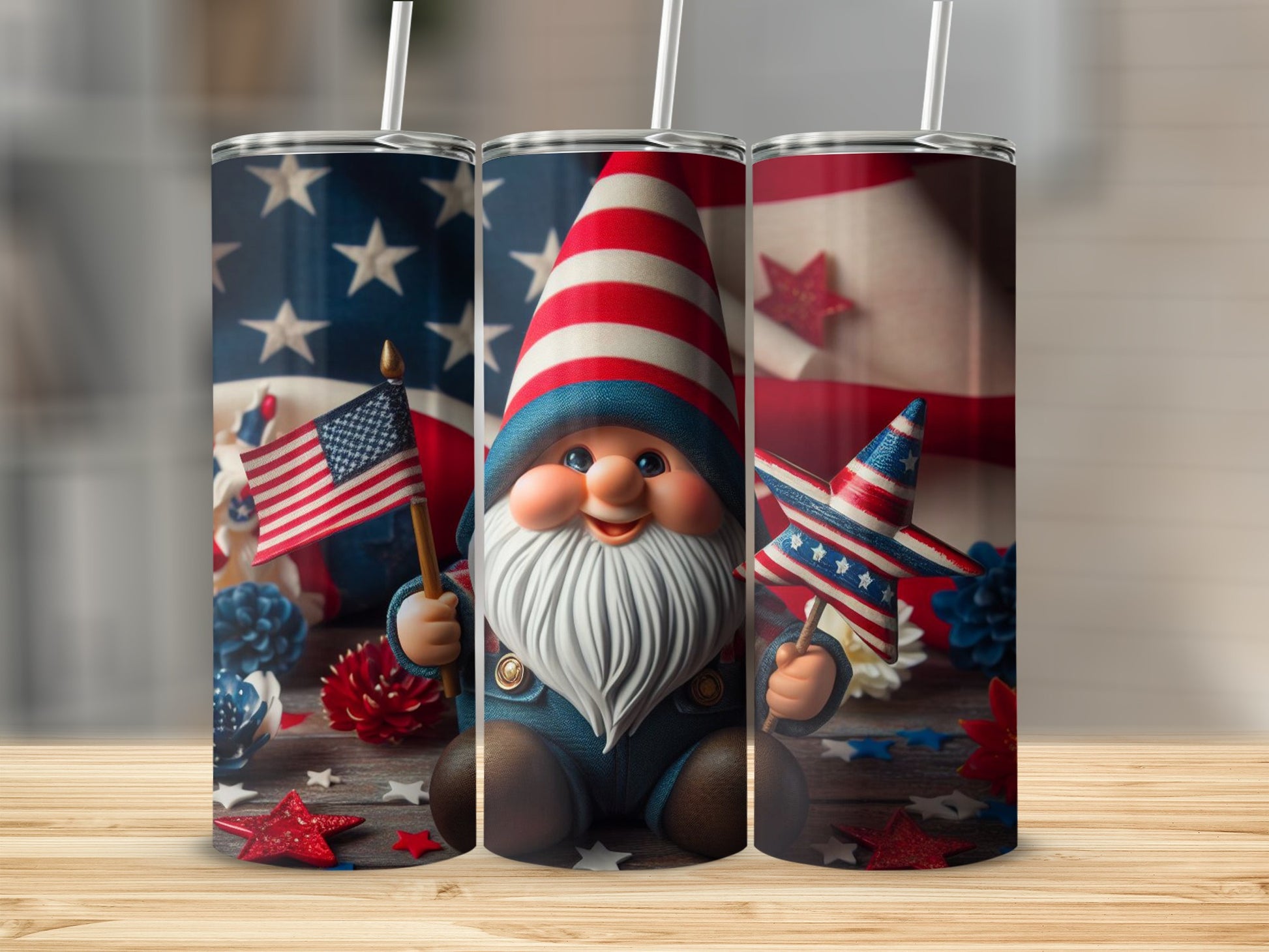Patriotic gnome holding American flag and star, surrounded by decorations.