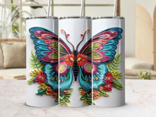 Three white tumblers with colorful butterfly and floral designs.