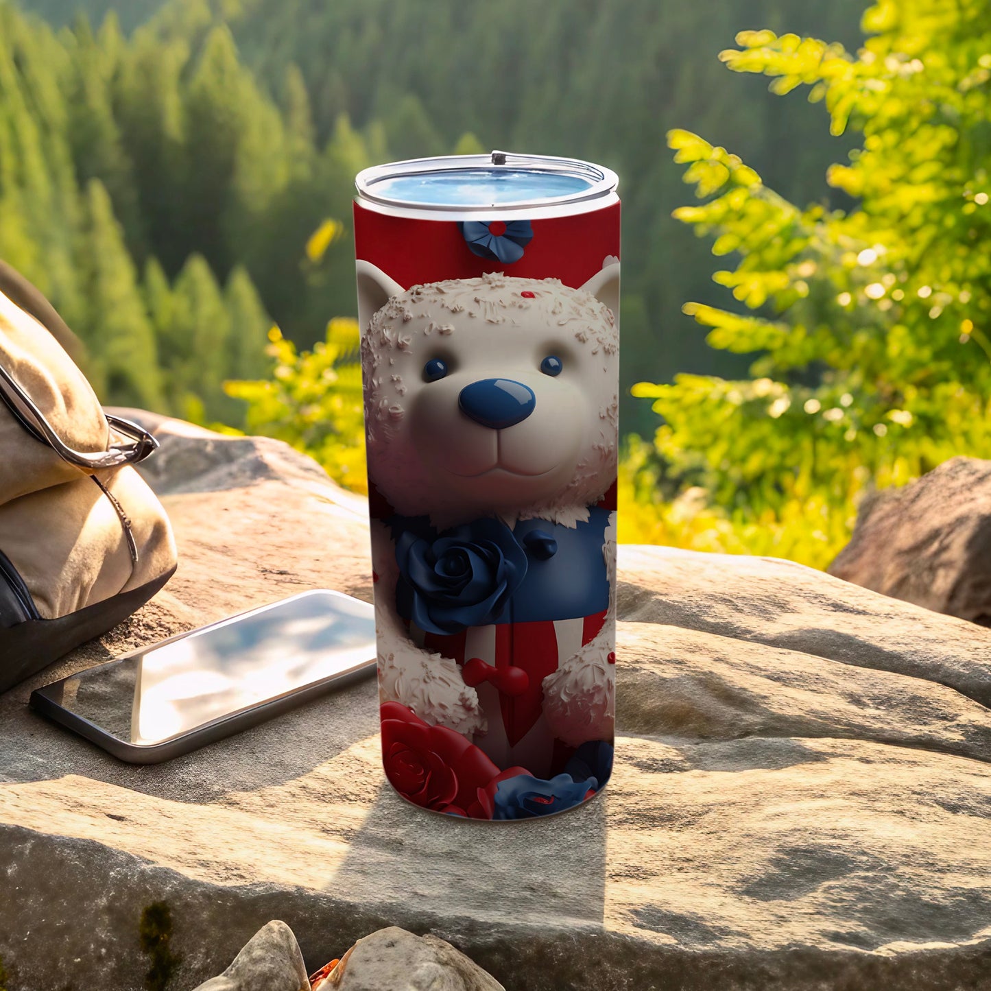 White bear tumbler with blue vest and red, white, blue accents.