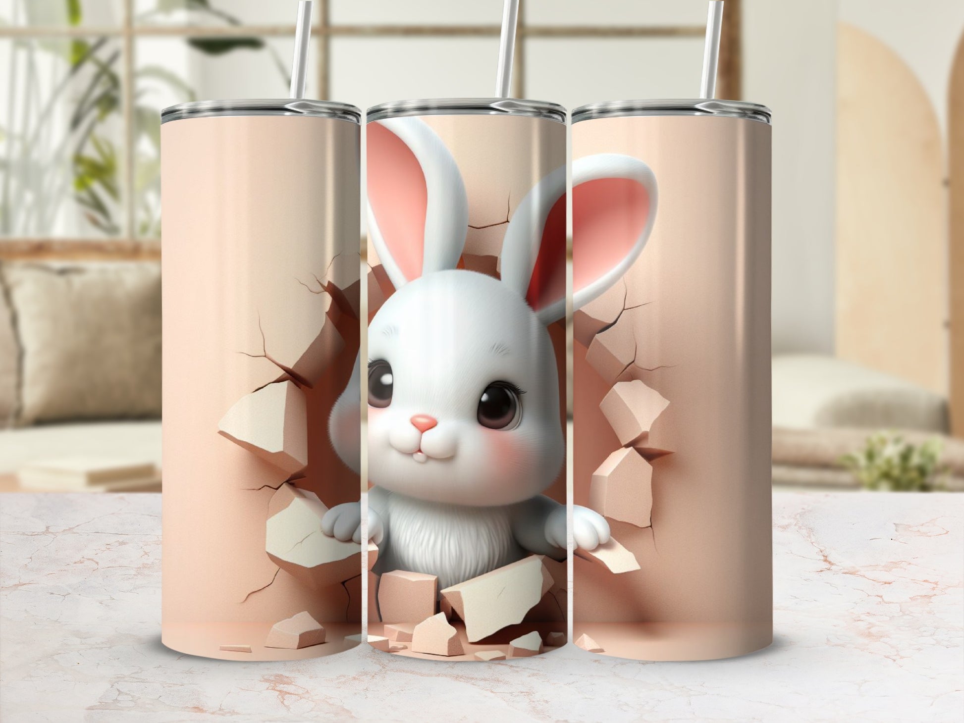 Cute white bunny peeking through a cracked surface on a pink tumbler.