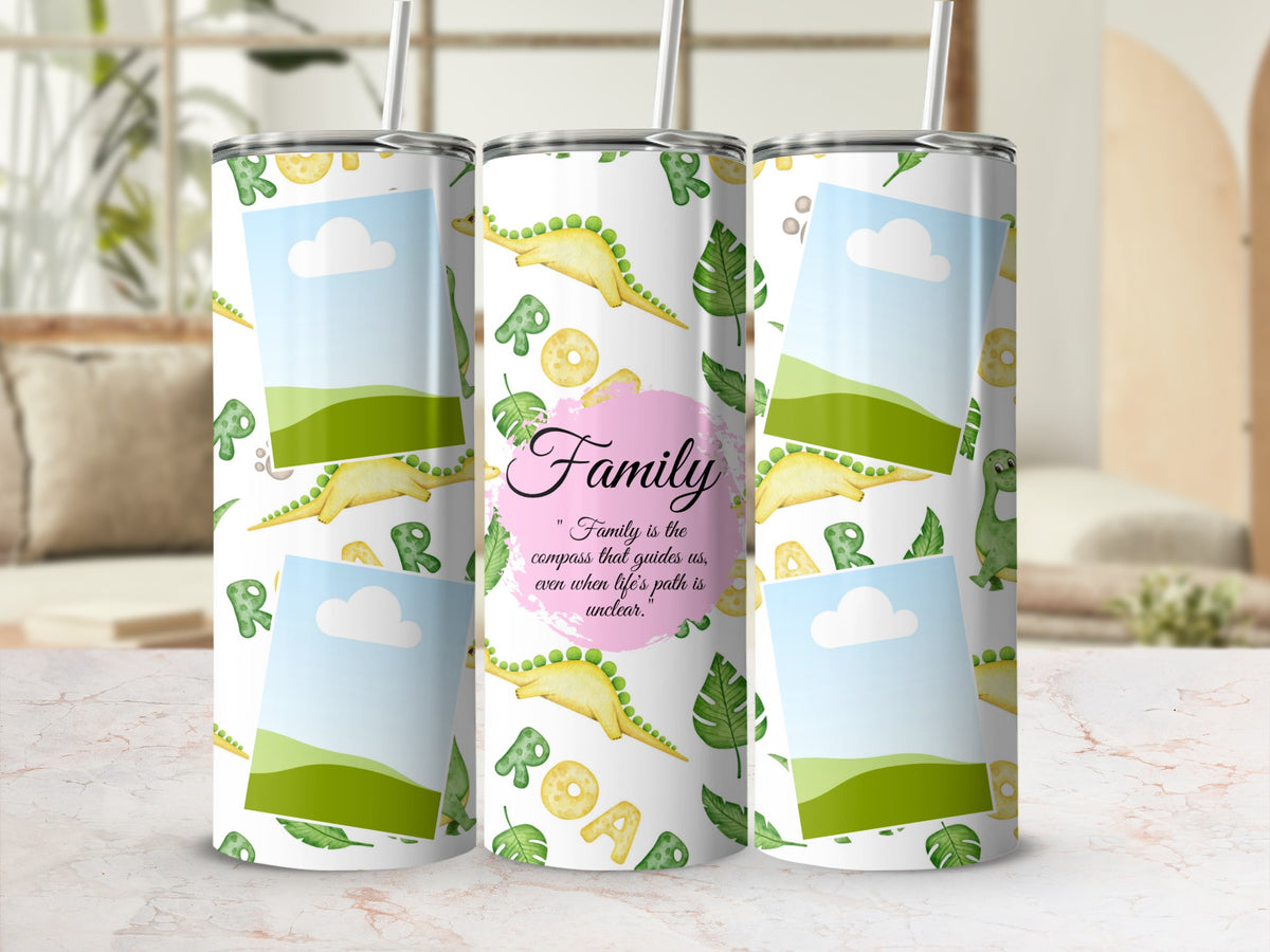Tumbler with dinosaurs, leaves, placeholder images, and text "Family".