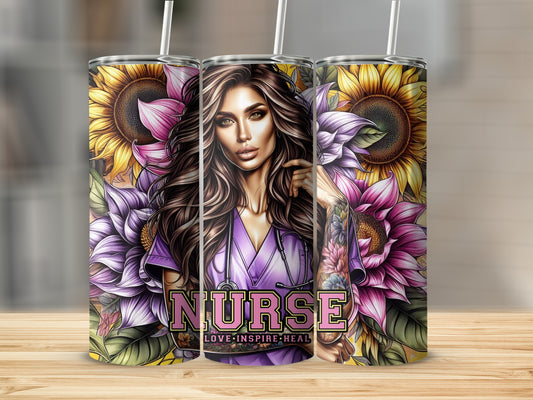 Nurse tumbler with sunflowers and a woman's portrait.