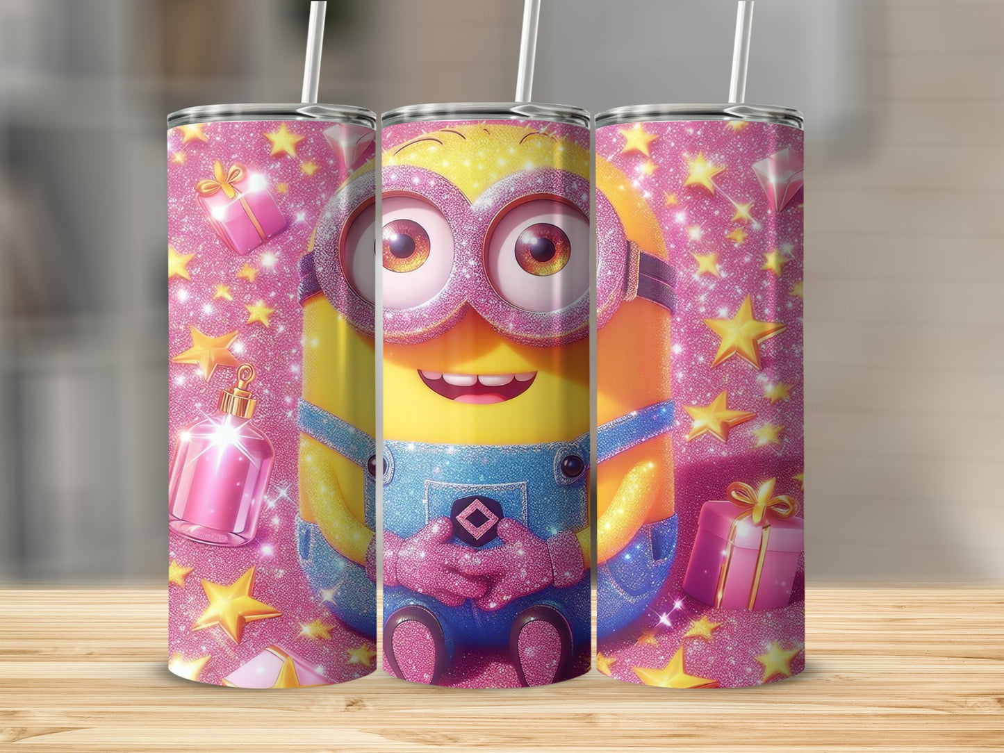 Sparkly Minion Glitter Tumbler with Gift Icons