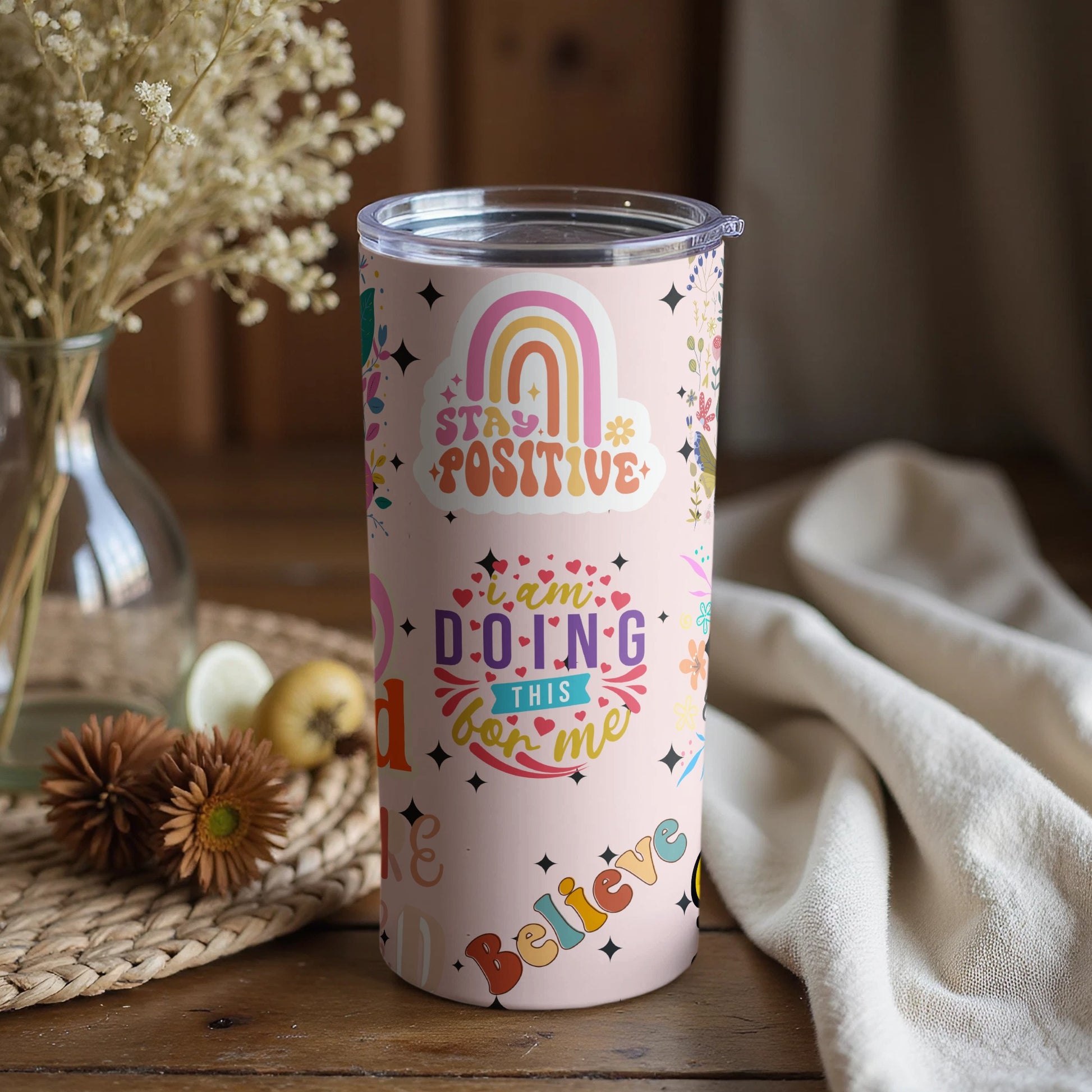 Stay Positive Motivational Tumbler with Colorful Designs