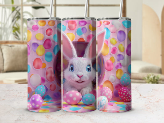 Easter bunny peeking from behind colorful polka dot eggs.