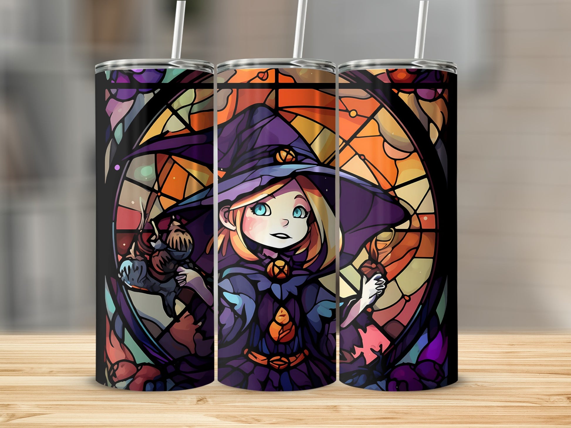Stained glass style tumbler with witch illustration and straw.