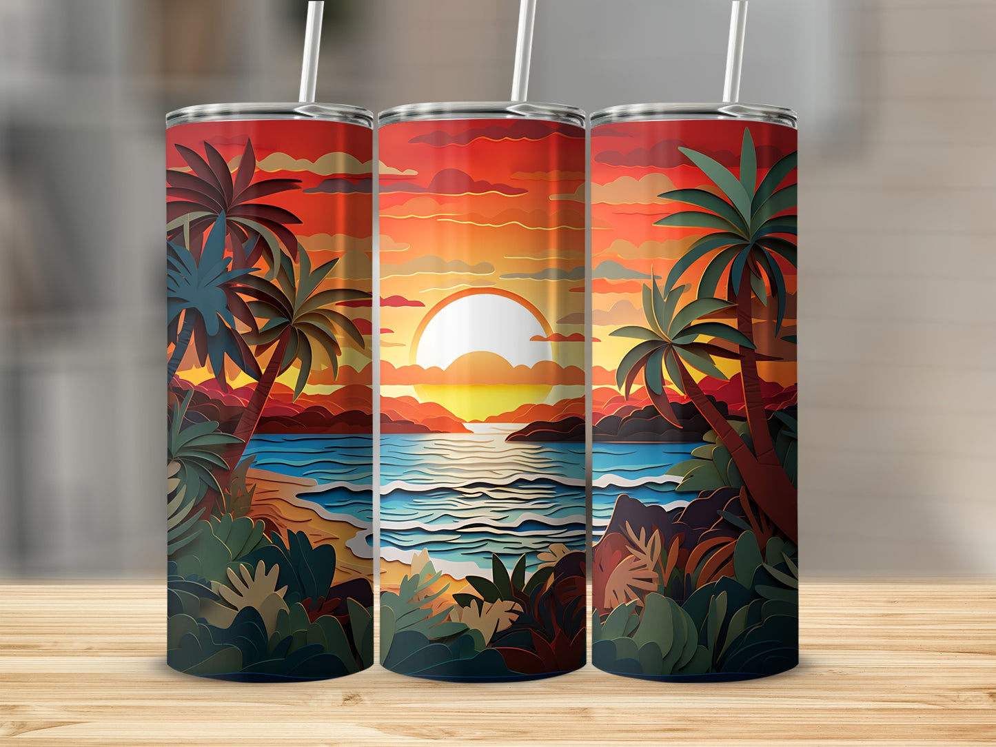 Three tumblers displaying a sunset beach scene with palm trees and waves.