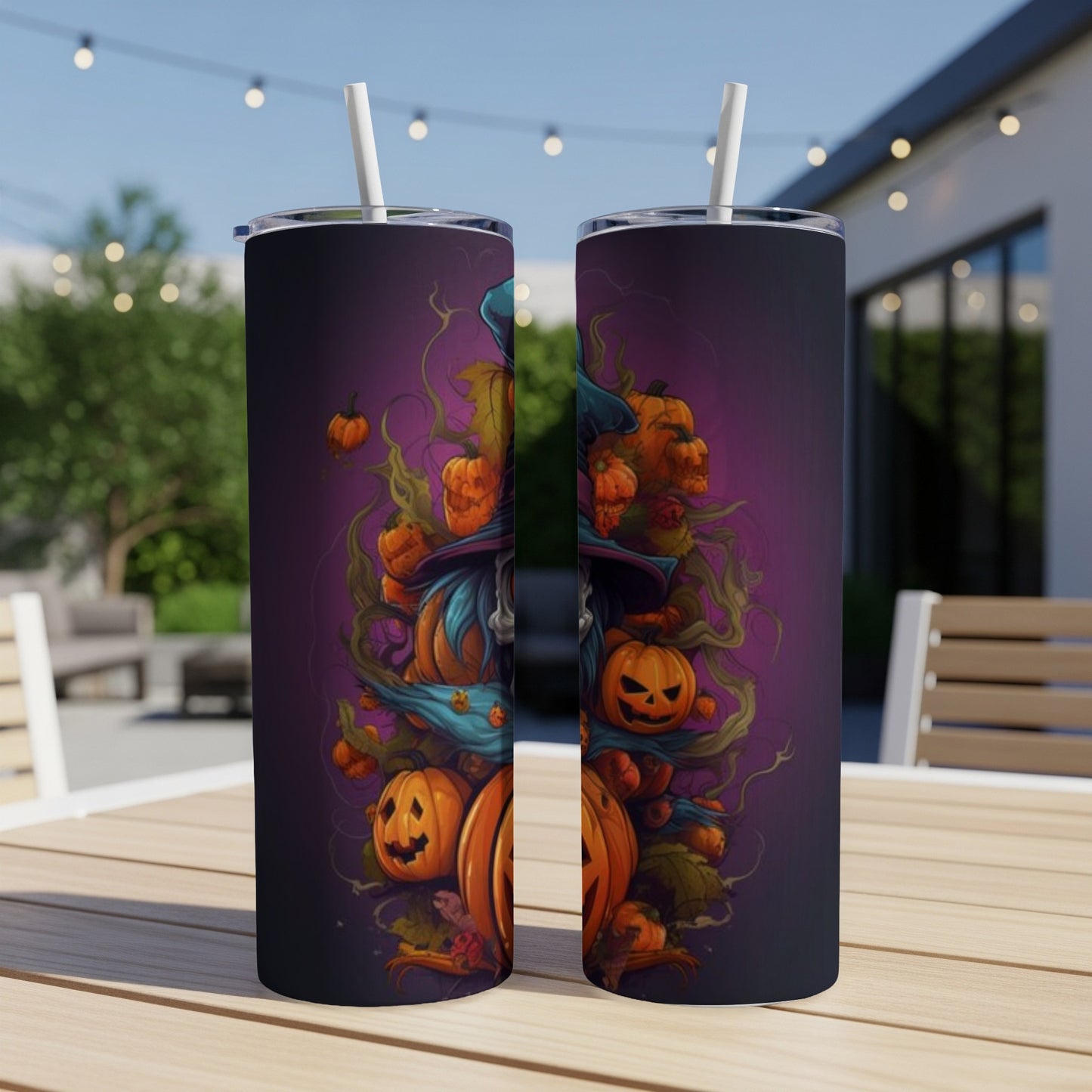 Two tumblers with a spooky Halloween witch and pumpkins design on a purple background.