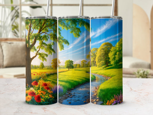 Three tumblers with a vibrant, sunny landscape featuring a stream and wildflowers.